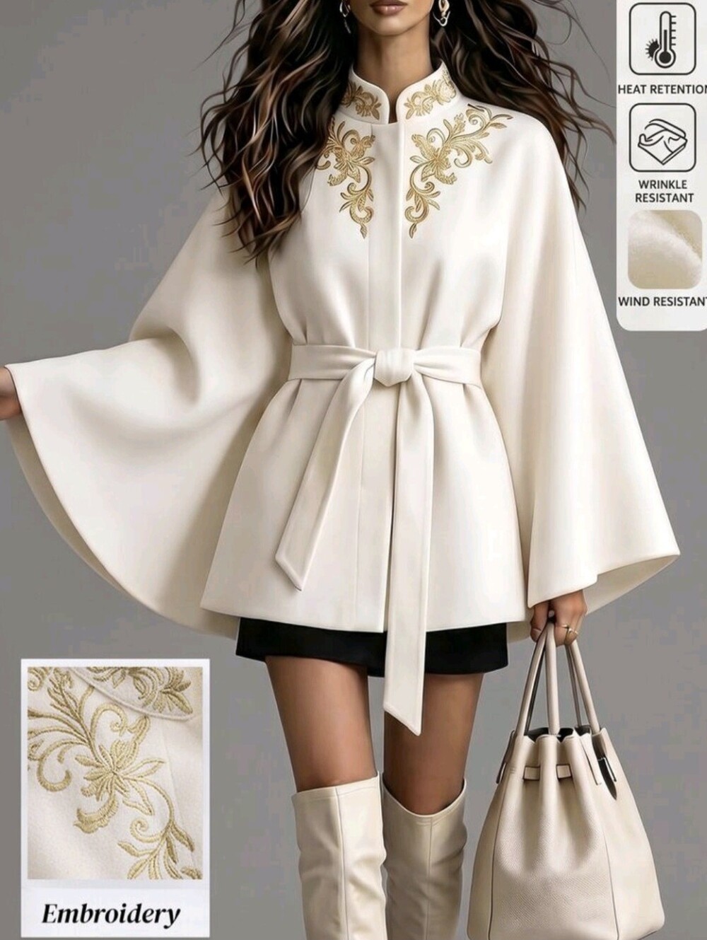 Women's Cape Sleeve Overcoat, Mandarin Collar Golden Embroidery Belted Waist